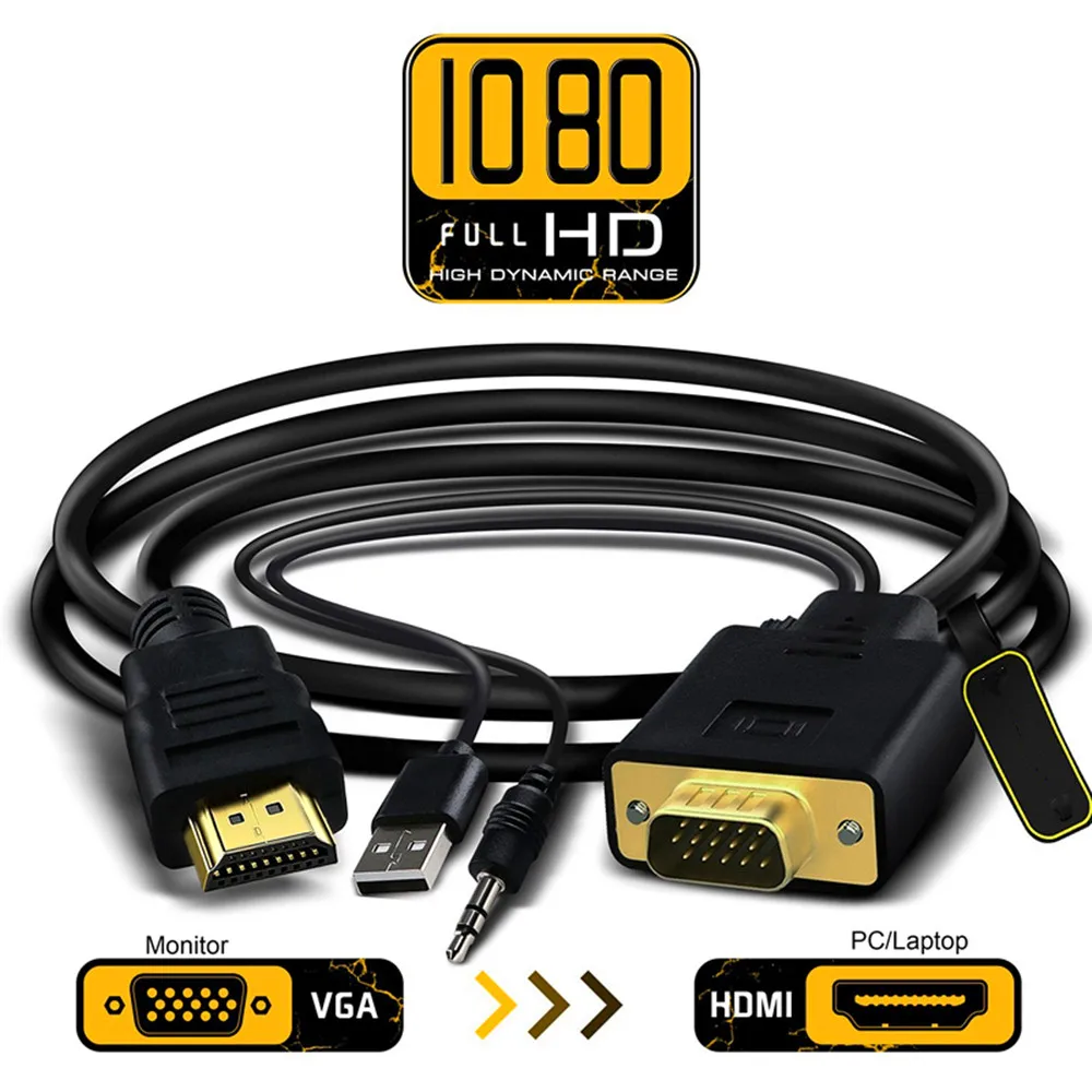 1.8m/6ft Gold-Plated HDMI to VGA Cable with audio USB for Computer, Desktop, Laptop, PC, Monitor, Projector, HDTV