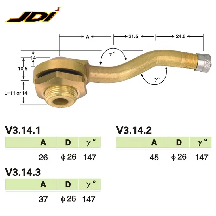 JDI-V3.14 series Double bend  brass tire valves tubeless valve for truck and bus