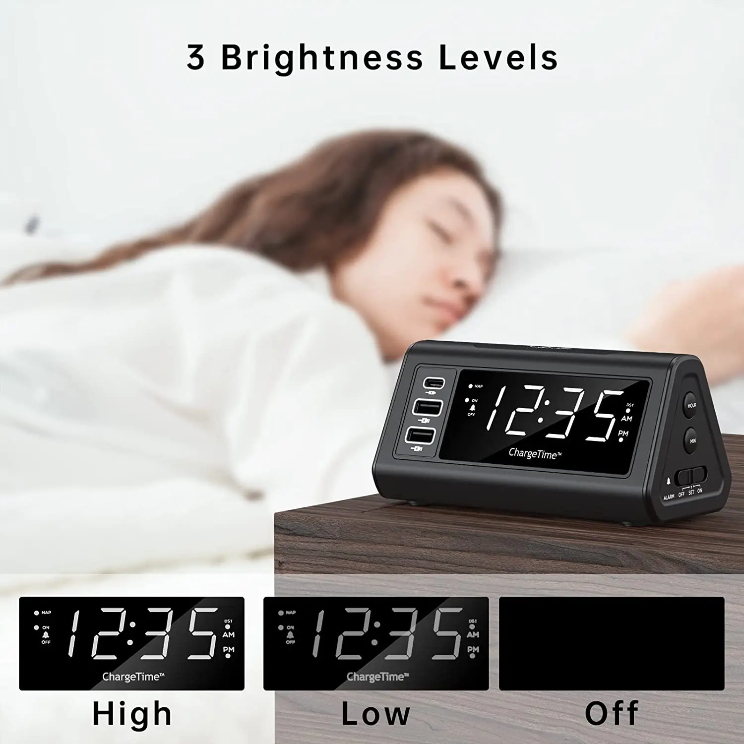 Teleadapt LCD Display Alarm Clock with 3 USB Charging Ports for iPhone iPad Android Devices Loud Digital Alarm Clock