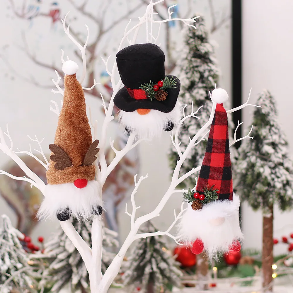 New Luminescent Christmas Buffalo Plaid Top Hat Elk Lighted Gnomes  Christmas Tree Hanging Pendant Plush Dolls Dwarf Ornaments