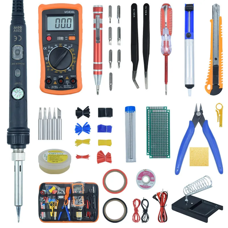 Digital Display Multimeter 60W Adjustable Temperature Electric Soldering Iron Kits Solder Tips Set
