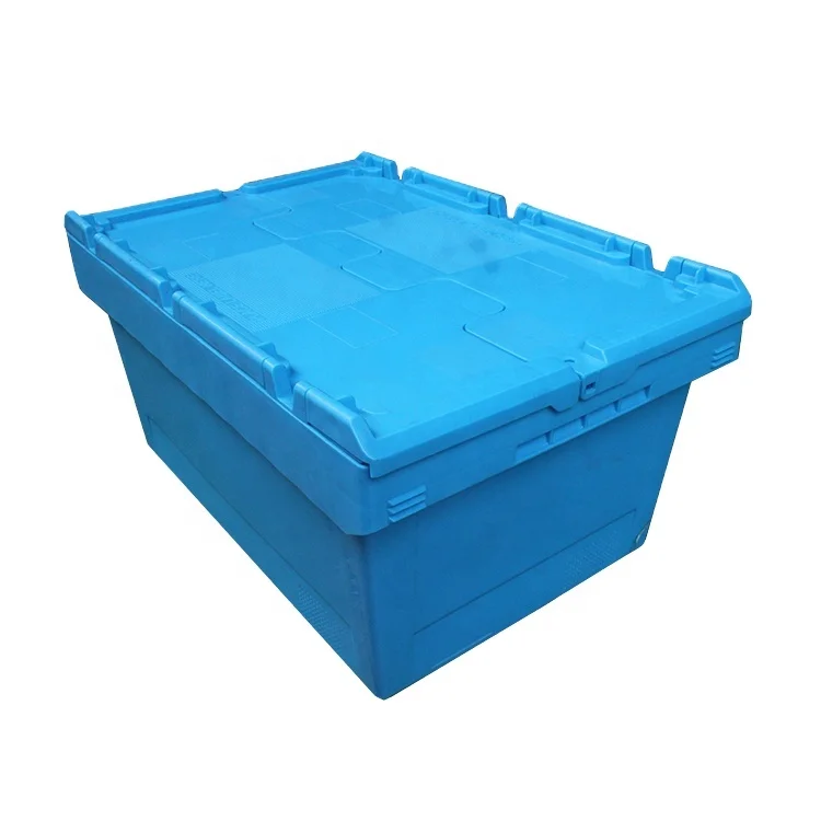 Large Storage Turnover Hinge attached lid Strong nestable stackable plastic Moving Tote Box for Supermarket