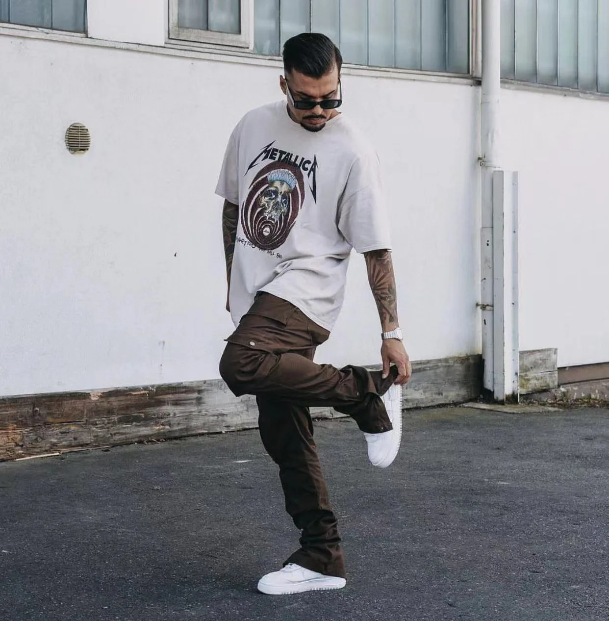 Custom 100% Cotton Mens Trousers With 6 Side Pockets Loose Streetwear Cargo Pant Split Hem Flared Stacked Sweat Pants For Men