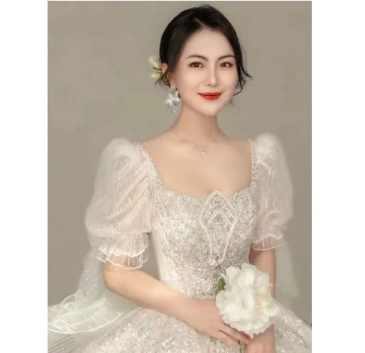 French light wedding dress 2023 new bride main yarn bubble sleeve trailing heavy industry wedding dress wholesale