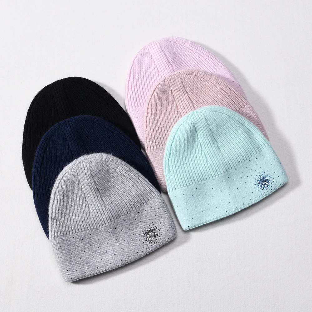 Double Layer Thick Winter Hats Rhinestone Shiny Stylish Soft Luxury Women Custom Warm Knitted Skull Vintage Beanie Cover Ear