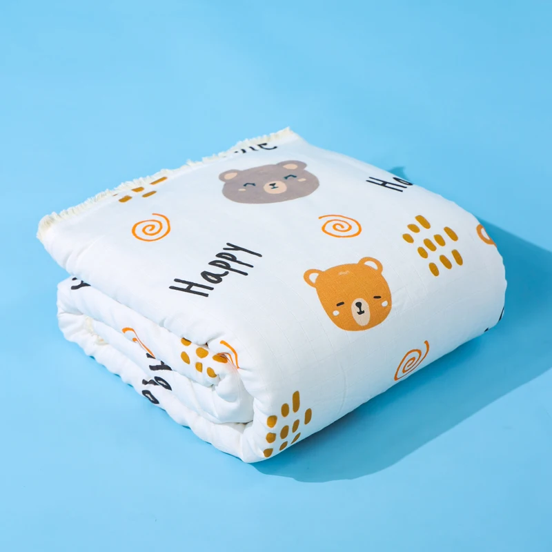 Custom Bear Cartoon Pattern Super Soft Muslin Baby Blanket Hat and Drool Bib Quilt Set