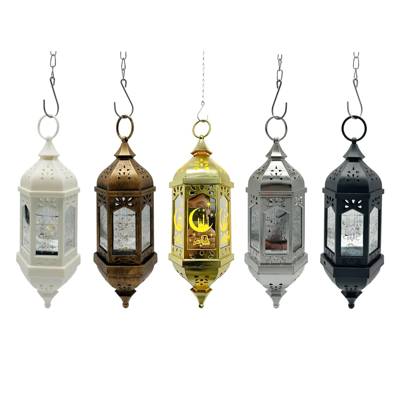 Superwin RTS Ramadan Lantern With Music Medium hexagon 10LED copper wire chandelier electroplated  chain  Muslim Islam Festival