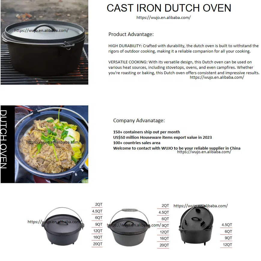 Manufacturer Custom Logo Eco Friendly Outdoor Indoor 18cm- 38cm Dutch Oven Cast Iron Pot