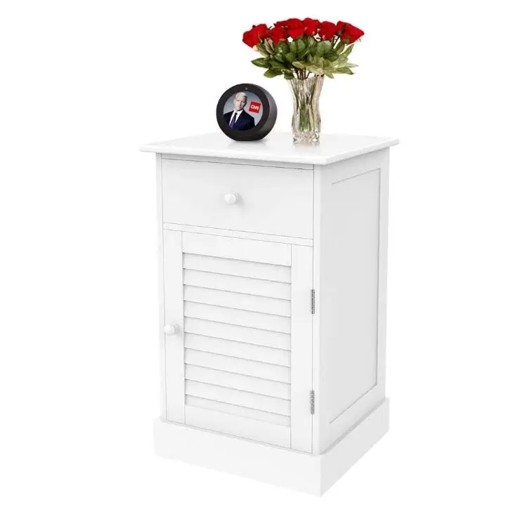 Nightstand End Table with One Drawer and Slatted Door, Wooden Bedside Storage Cabinet White
