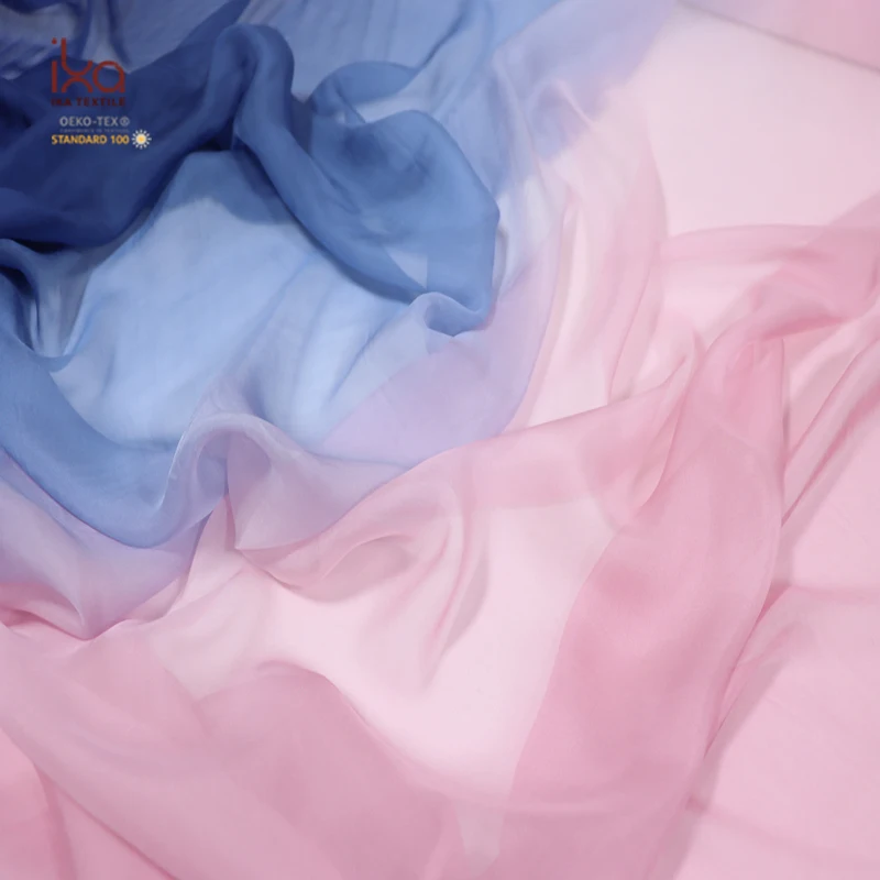 Blue Pink Gradient Digital Printed Ultra Thin Wedding Custom Undyed China Natural Silk Chiffon Fabrics for Dress