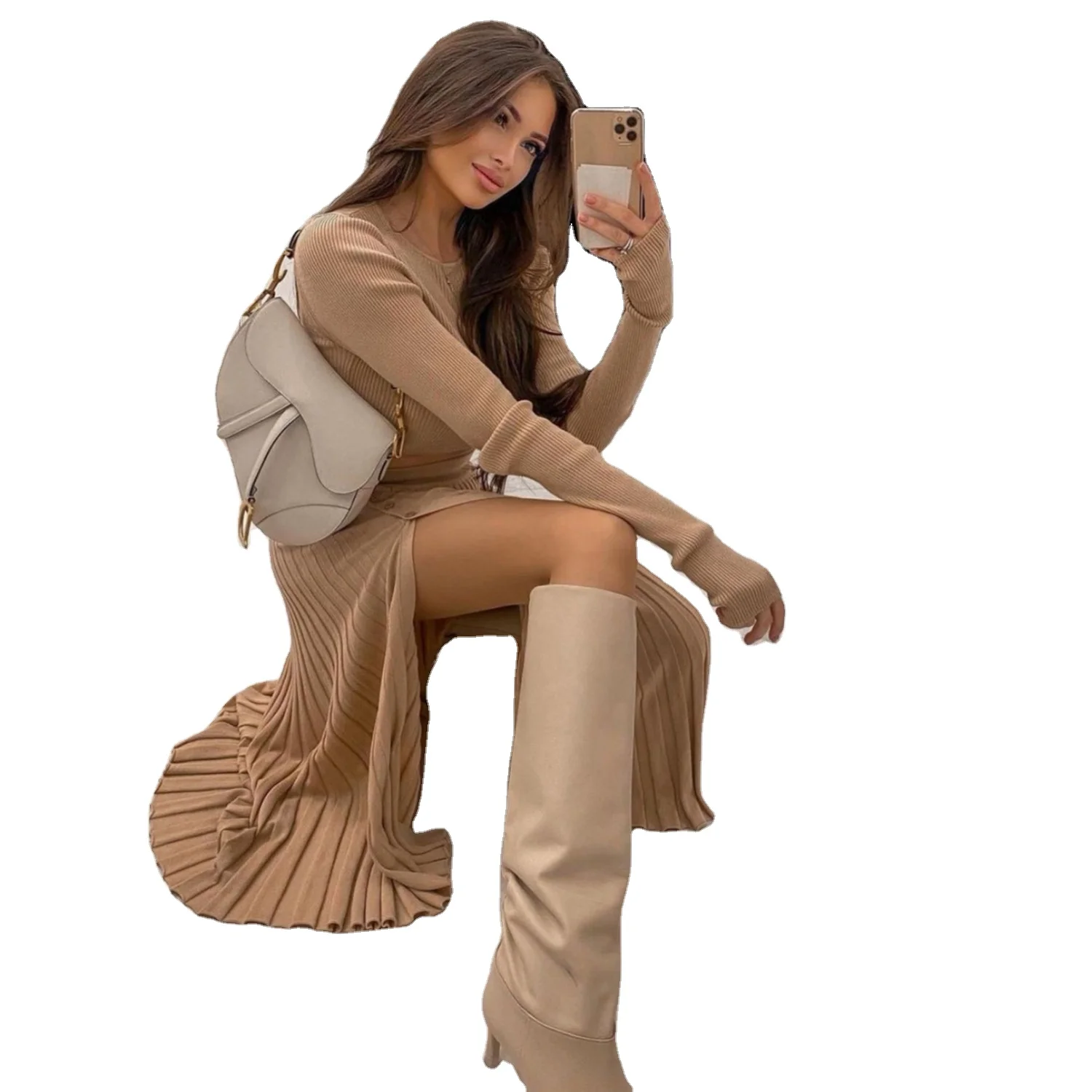 Новое поступление, женский кардиган, хлопковый свитер с разрезом, плиссированная юбка, костюм для женщин