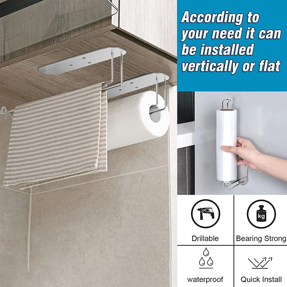 Paper Towel Holder Under Cabinet Mount Self Adhesive & Wall Mount Fits in Kitchen or Bathroom SUS304 Stainless Steel