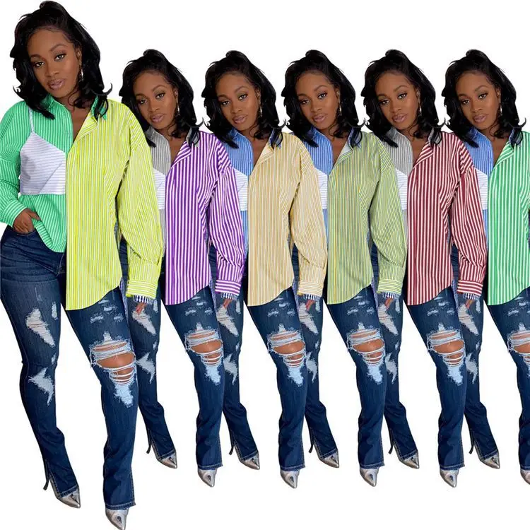 
Commuter Stitching Single Breasted Striped Lapel Cardigan Long Sleeve Blouse  Commuter stitching single breasted striped lapel cardigan long sleeve blouse