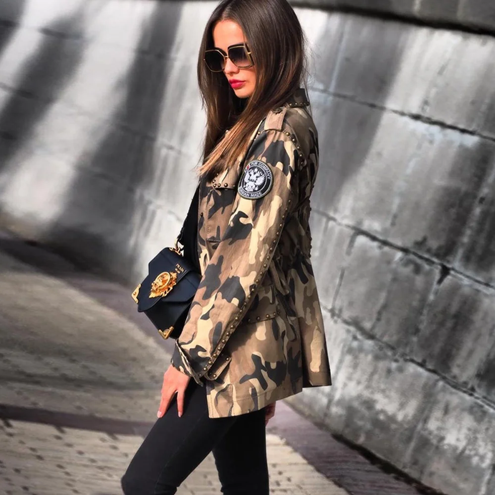 Women Fashion Military Camouflage Printed BF Coat Casual Overcoat Lightweight Studded Camo Jacket