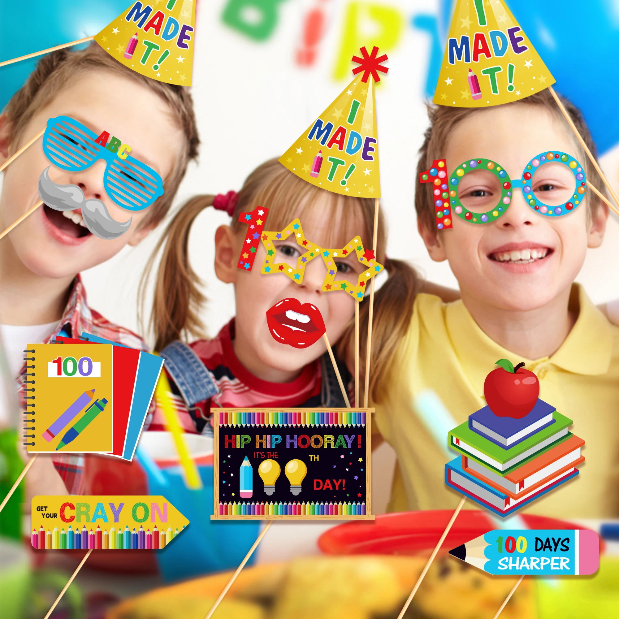Huancai 100th Day Of School Photo Booth Props 25 PCS Party Selfie Props Kit with Sticks for Hooray 100th Day Party Supplies