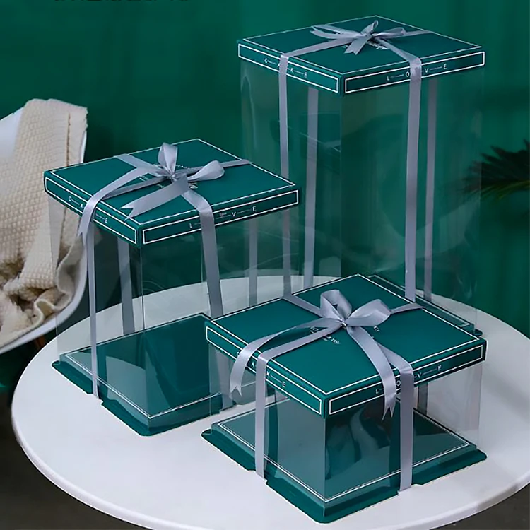 Y47 Custom Eco Friendly PET birthday transparent Packing cake box fancy design clear plastic bakery cake box with ribbon