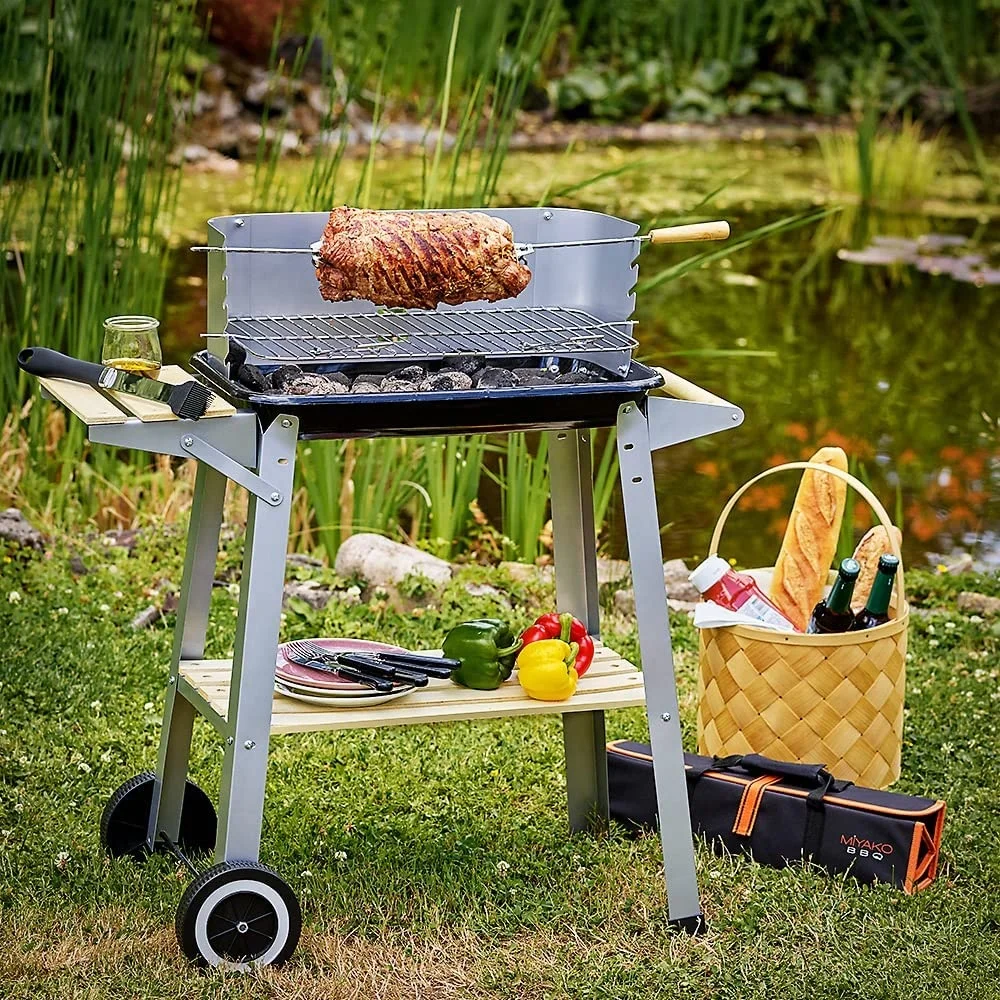 OEM ODM Support Portable Heavy Duty Steel BBQ Grill with Wheels Outdoor Barbecue Grill Trolley