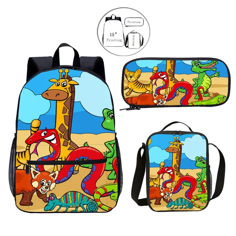 LOW MOQ 3 set wholesale book bags with lunch bag, 3pcs set custom cartoon kids school bag set backpack