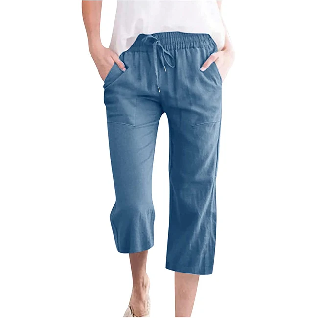 Wholesale 2023 Summer Capri Pants for Women Casual Drawstring Elastic High Waist Linen Pant Straight Wide Leg Cropped Trouser