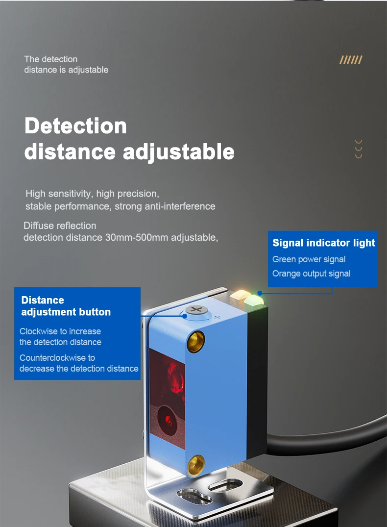 High Quality DC Laser Sensor with Easy Installation Square Shell Diffuse Beam Mode NPN PNP Optical Switch Distance Measurement