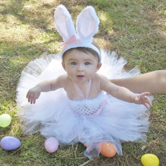 Spring Girl Easter Bunny Dress Toddler Baby White Feather Rabbit Cosplay Celebrate Custom With Pink Ear Headband Girls Dresses