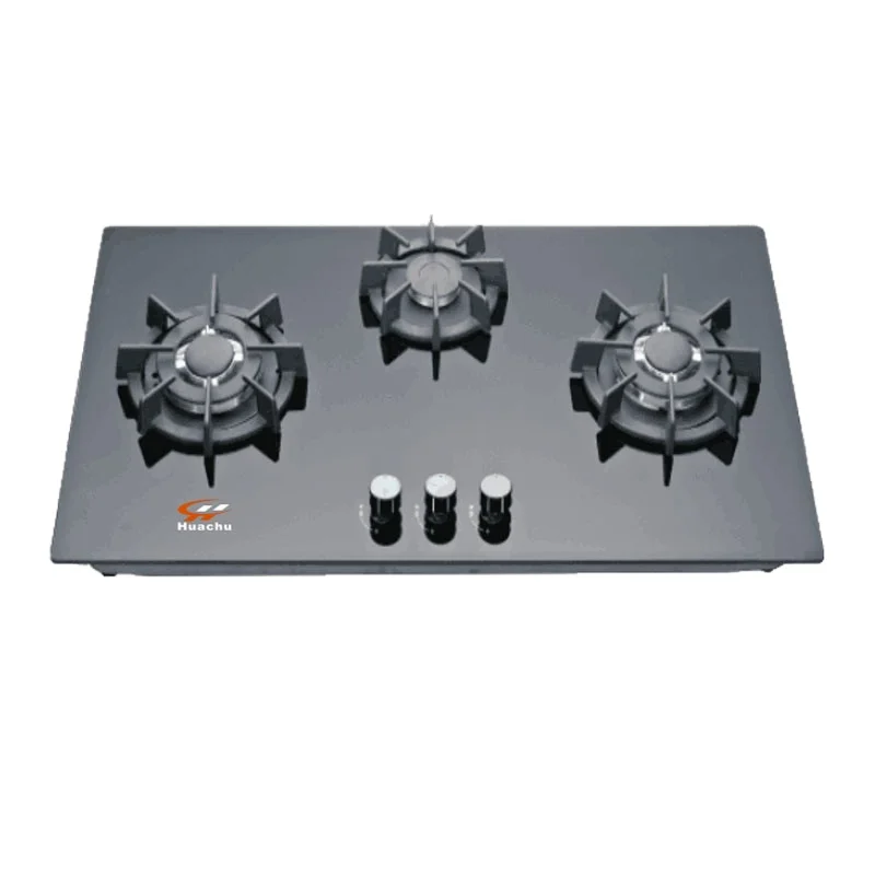 Tempered glass 76 cm width gas hob 3 gas burner built in hob with heavy pan support on cooktop