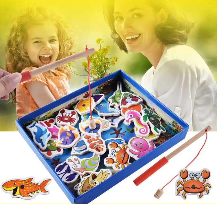 Wooden Magnetic Toys 32 Piece Fishing Game Parent Child Double Pole Puzzle Toy For Kids