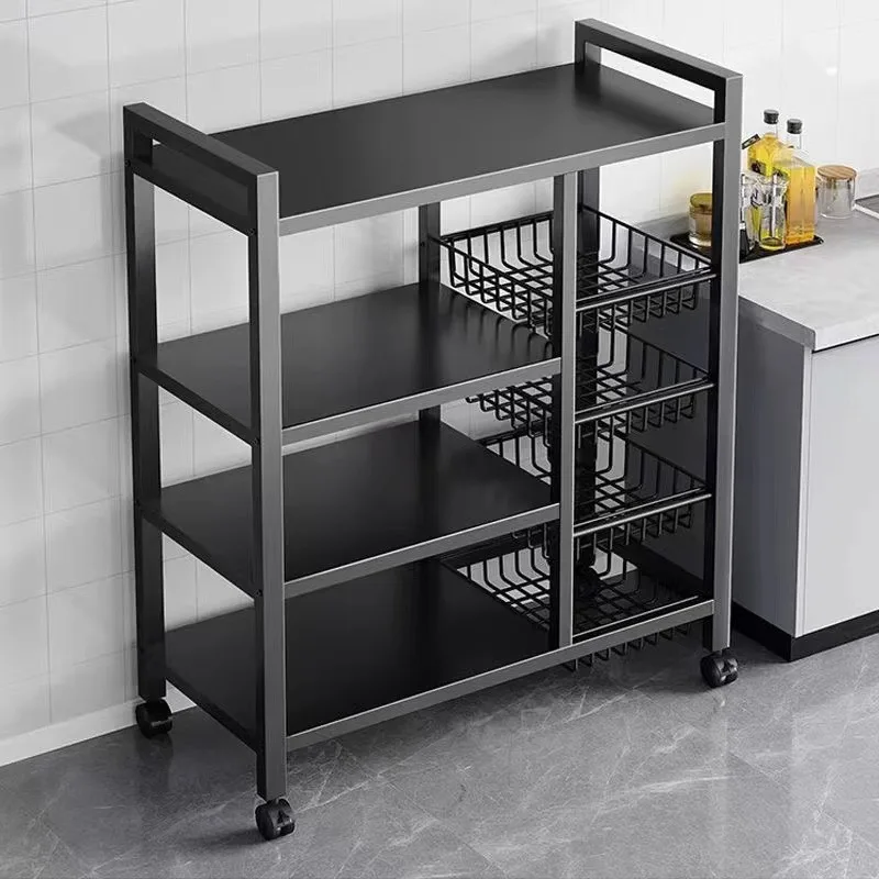 Multi-Layer Metal Kitchen Storage Rack with Wheels Thickened Fence from Floor to Floor for Household Microwave Oven Rack