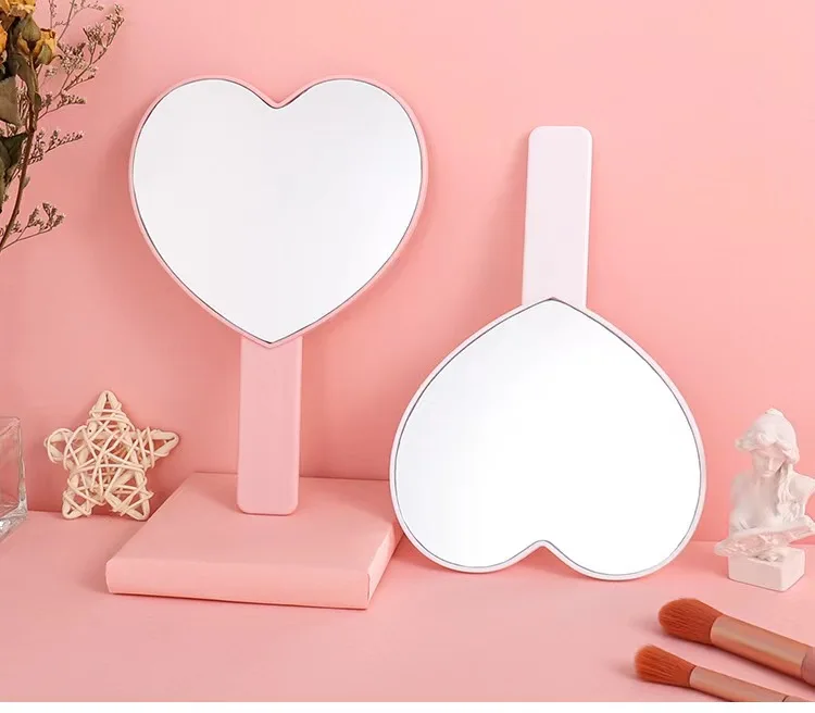 Unbreakable cosmetic mirror girl pink heart shaped makt up mirrors with logo