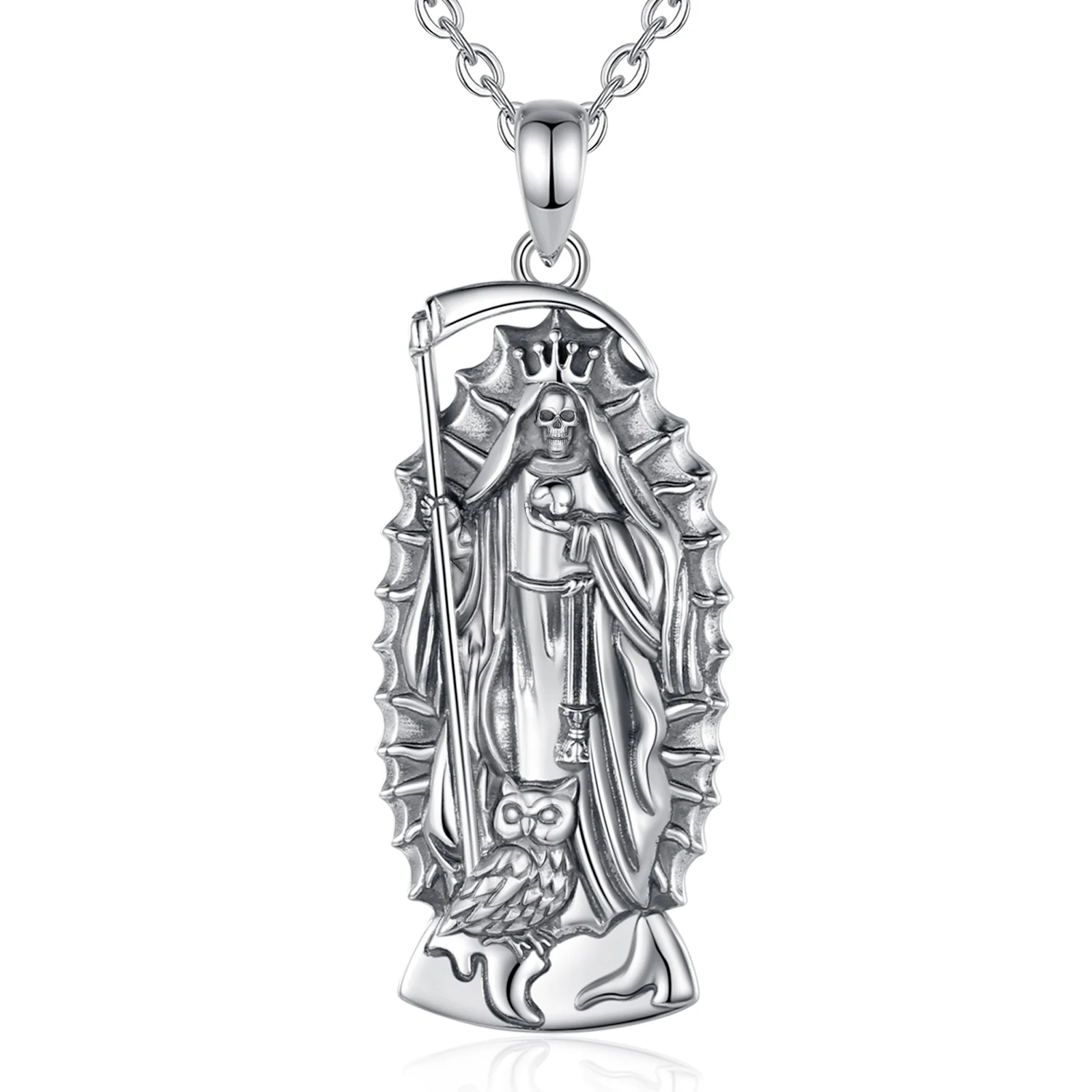 Changda 925 Sterling Silver Amulet Medal Pagan Jewelry Marble Santa Muerte Patron Saint Necklace for Men