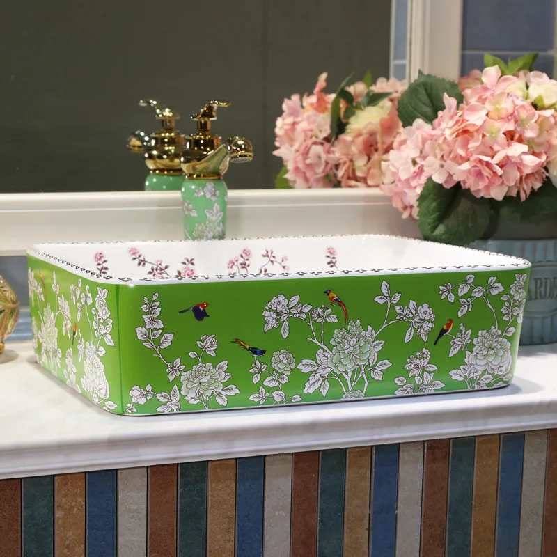 Ceramic Rectangular Bathroom Vessel Sink, Above Counter Porcelain Small Sink with Faucet Combo, Color Body with Trim on The Top