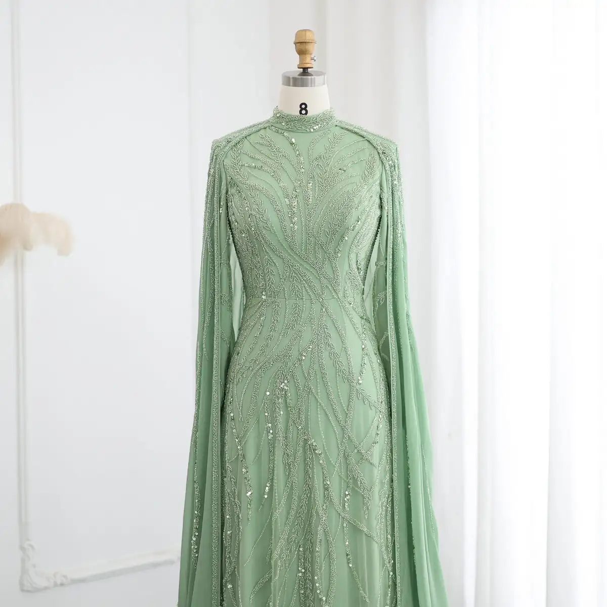 Luxury Beaded Sage Green Muslim Evening Dress With Cape Long Sleeves Arabic Dubai Women Wedding Party Gowns Lsz387