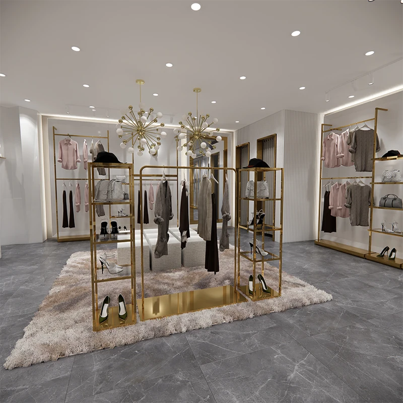 LUX Customized Factory Custom Ladies Clothes Store Fixtures With Golden Clothing racks for clothing store women