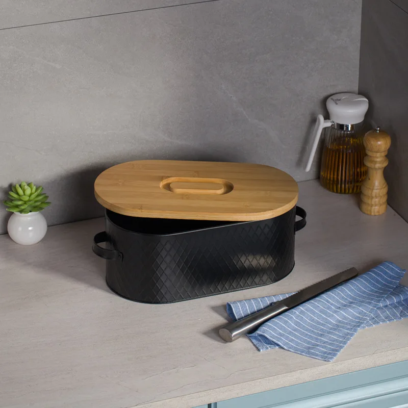 In Stock Wholesale Elliptical Metal Food Container Storage Box Custom Kitchen Bread Box with Bamboo lid