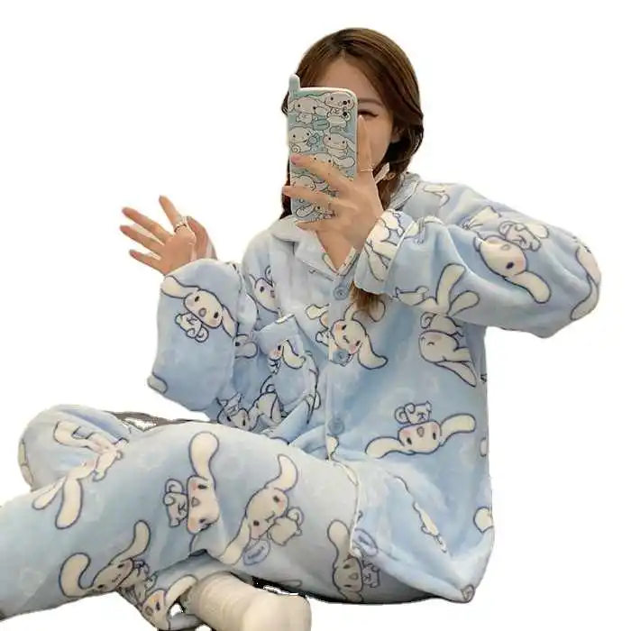 Yulia016 Wholesale Coral velvet pajamas female sanrioed Pompompurin with eye mask autumn and winter warm flannel home pajamas