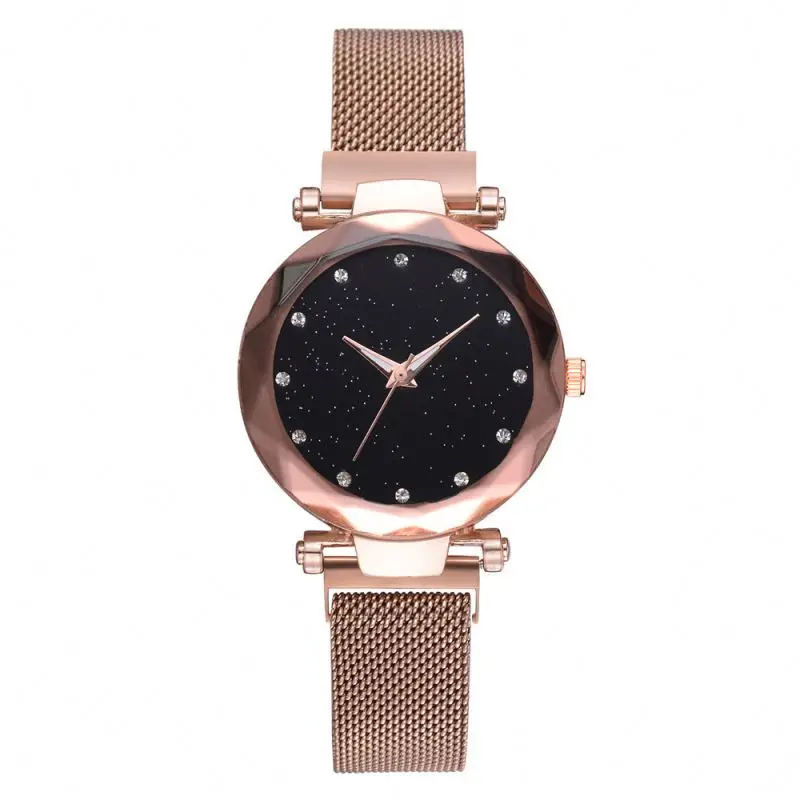 Fashion Starry Sky Fancy Magnet Lady Wrist Watch Luxury Diamond  Quartz Mesh Magnetic Womens Hand Watch