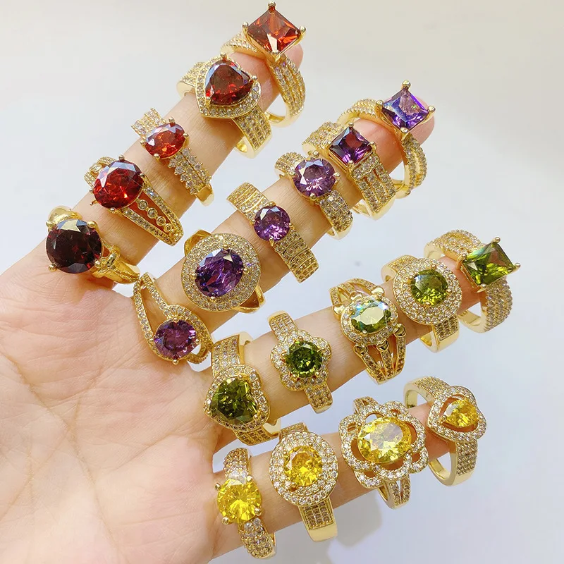 Luxury Fashion Gold Plated Colorful Gemstone round square Ring Statement Micro Inlaid Zircon CZ diamond Engagement Ring Jewelry