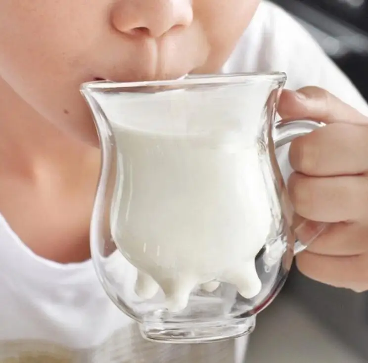 Custom Funny Cow Shape Design Double Layer Glass Coffee Milk Mug Cup With Logo Customize