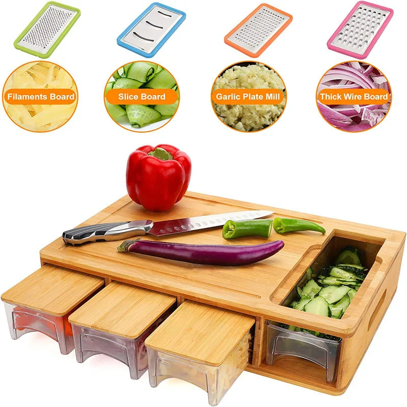 Bamboo Cutting Board with Containers Wood Chopping Board with Stackable Trays Vegetable Shredders