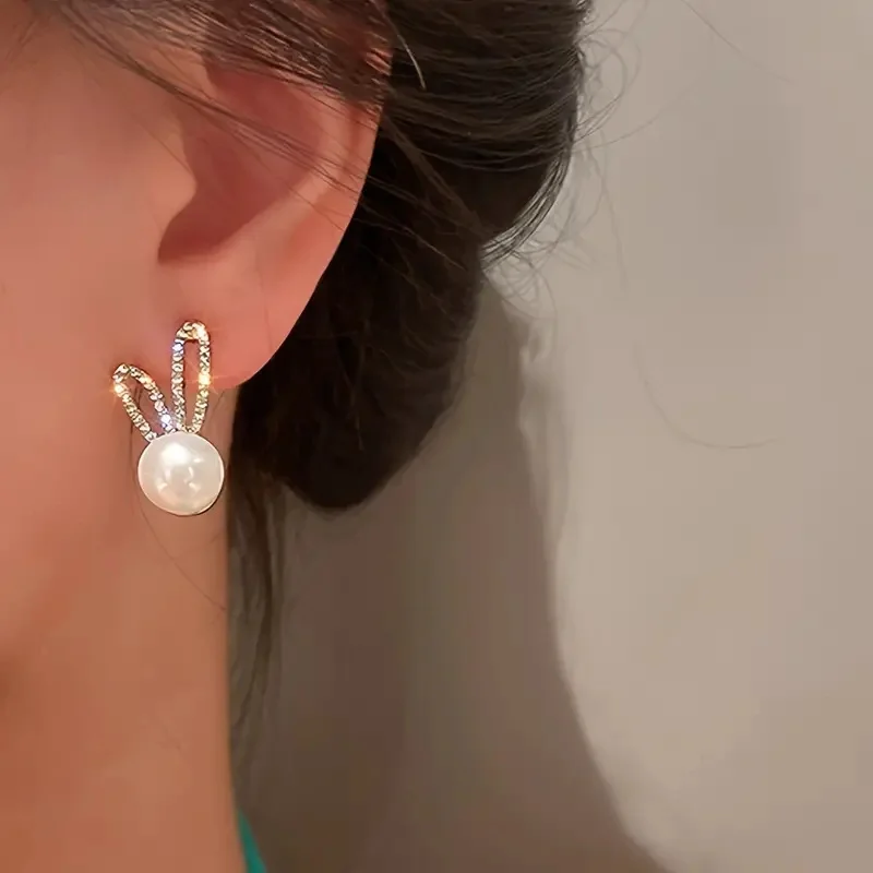 Adorable Rabbit Design Stud Earrings With Faux Pearl Elegant Jewelry Accessories