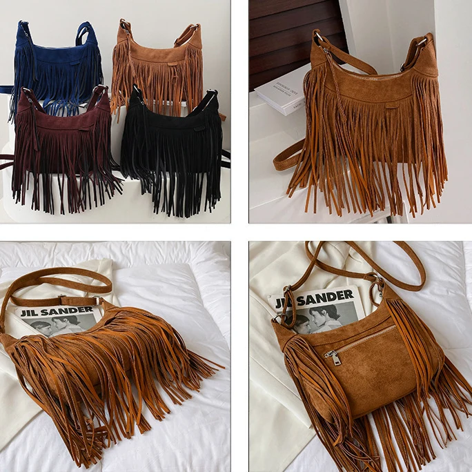 2023 Bohemian Vintage Women Tassel Hobo Shoulder Bag Purses Trendy Suede Leather Fringed Crossbody Bags