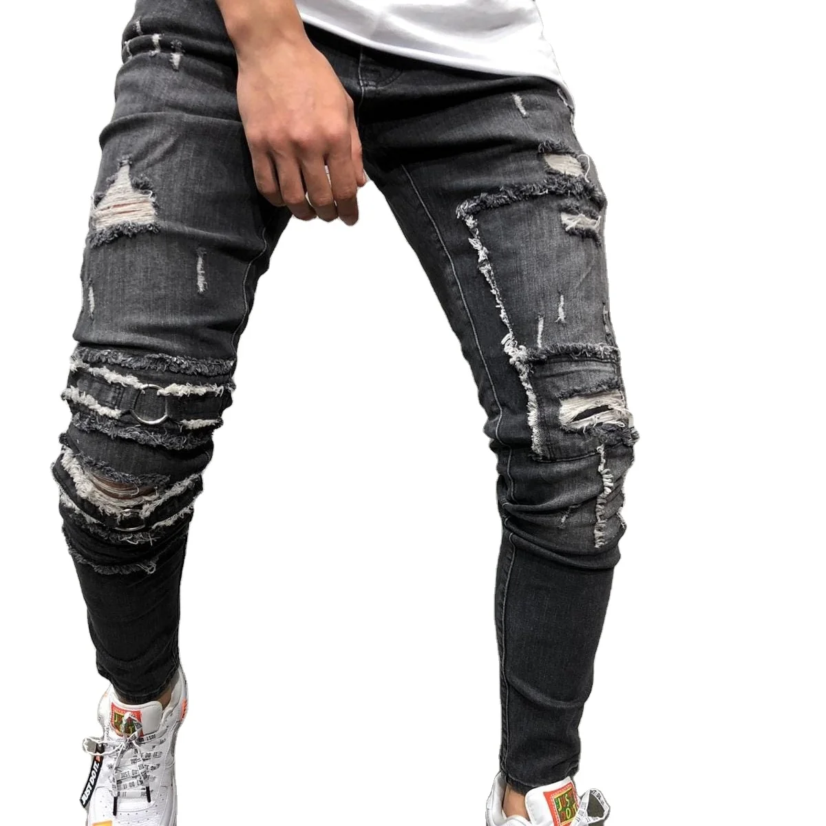 Однотонные мужские рваные джинсы, облегающие брюки, модные мужские джинсы