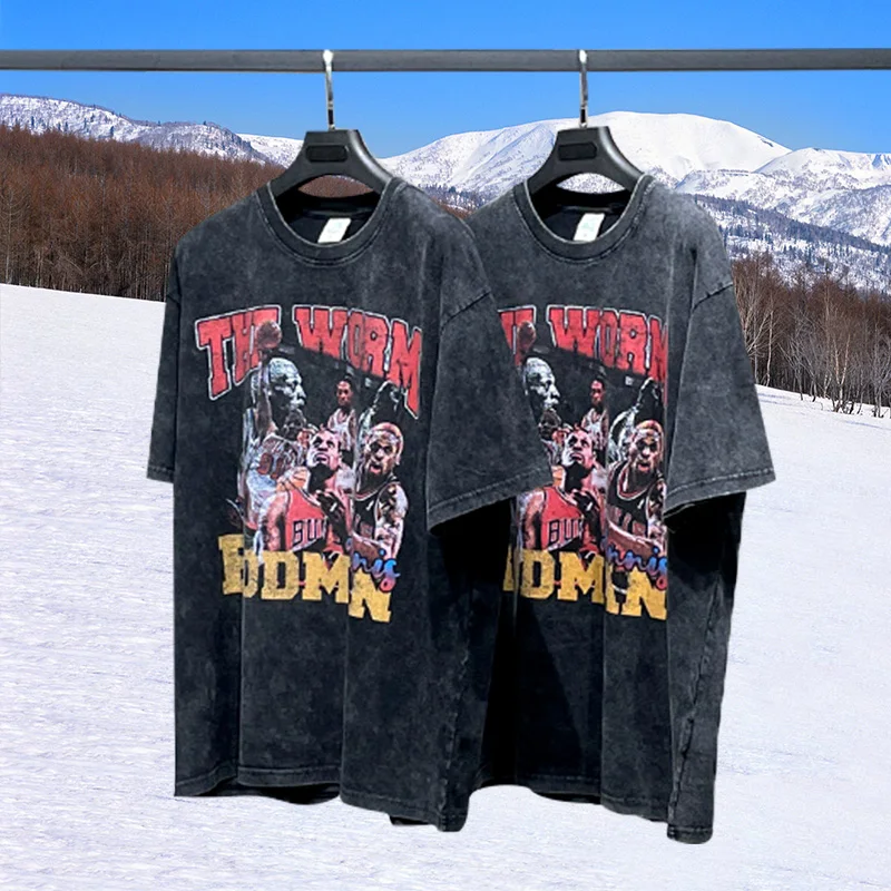 Custom Pattern Dtg Printing T Shirt Heavy Weight Cotton Black Acid Wash Tshirt Lightly Distressed Vintage Washed Tshirt For Men