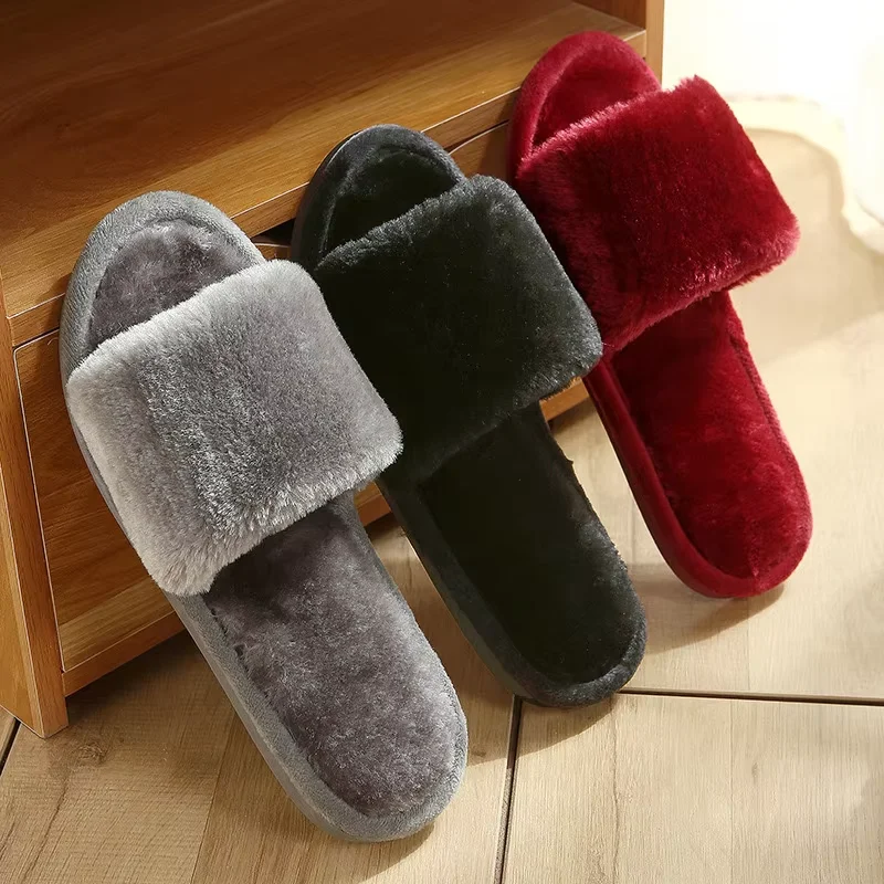 Wholesale open toe soft fashion winter lady men slides plush slippers for women cotton house shoes