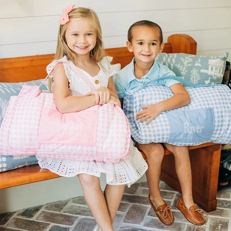 Toddlers Sleeping Bag Warm Soft Kindergarten Nap Roll Monogram Kid Ginham Nap Mat With Pillow