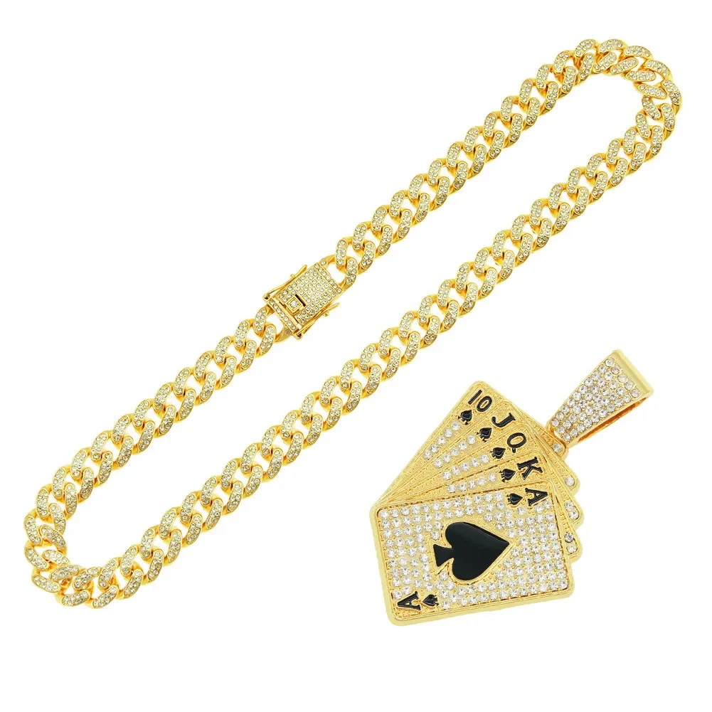 Hip hop Men Dunk Poker Pendant Chain Iced Out Rhinestone Cuban Game Charm Necklace Gold Plated Jewelry