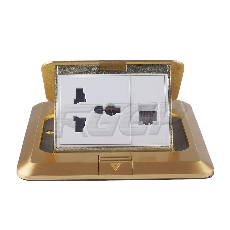 Floor Plate Mounted Brass Pop Up Power Socket with 13A 3 Pin Multi Plug Socket and Network Jack