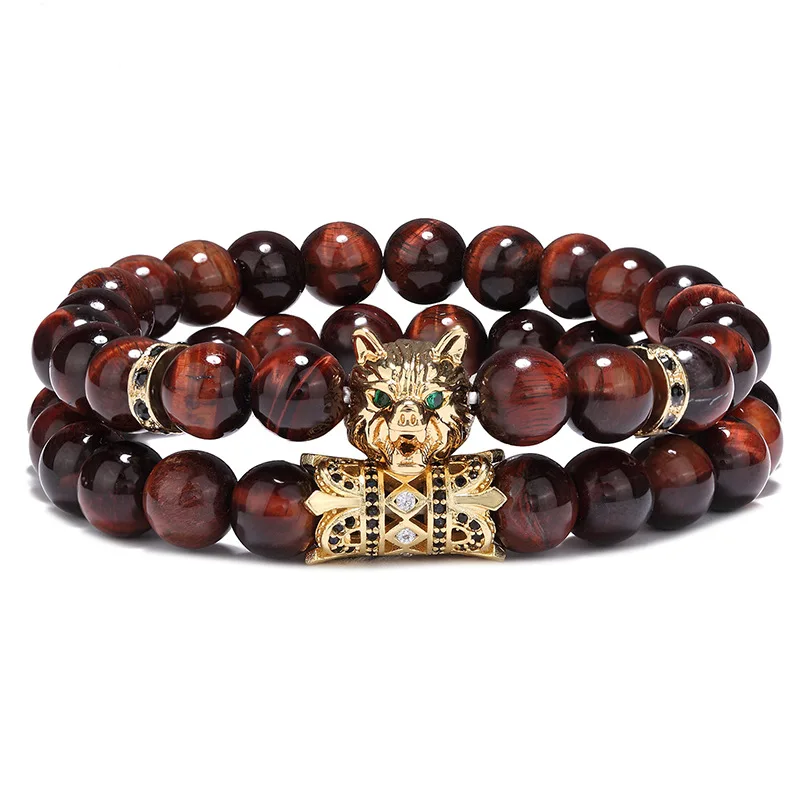 European Punk Style Handmade Strand Jewelry Elastic Natural Red Tiger Eye Stone Green Eye Wolf Head Beaded Bracelet Set
