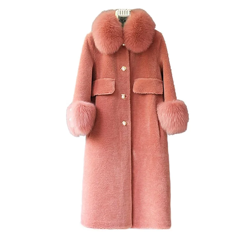 Jtfur Wide Wool Trench Medium Length Real Jacket Women Winter Coat Ladies Fur Collar Coat Sheep Wool Fur Coat