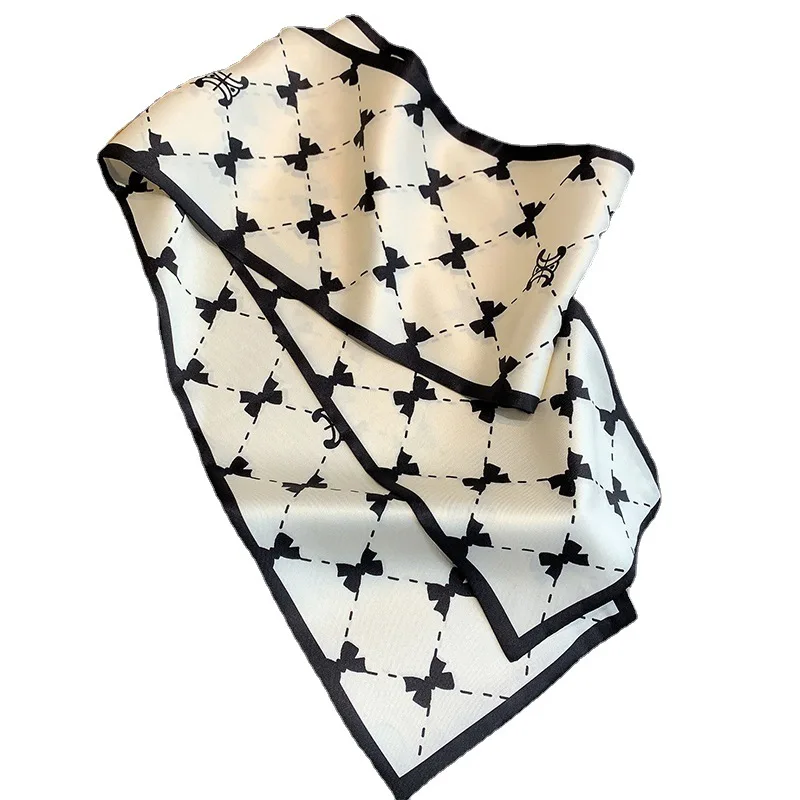2024 New Korean Style Bow Pattern Twill Silk Scarf Long Plain Fashion Decorative Retro Collarbone Warm Headband for Women